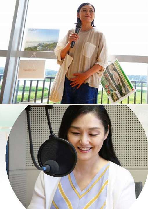 催しでマイクを持つ遠藤麻理さんと、ラジオで語りかける遠藤麻理さん